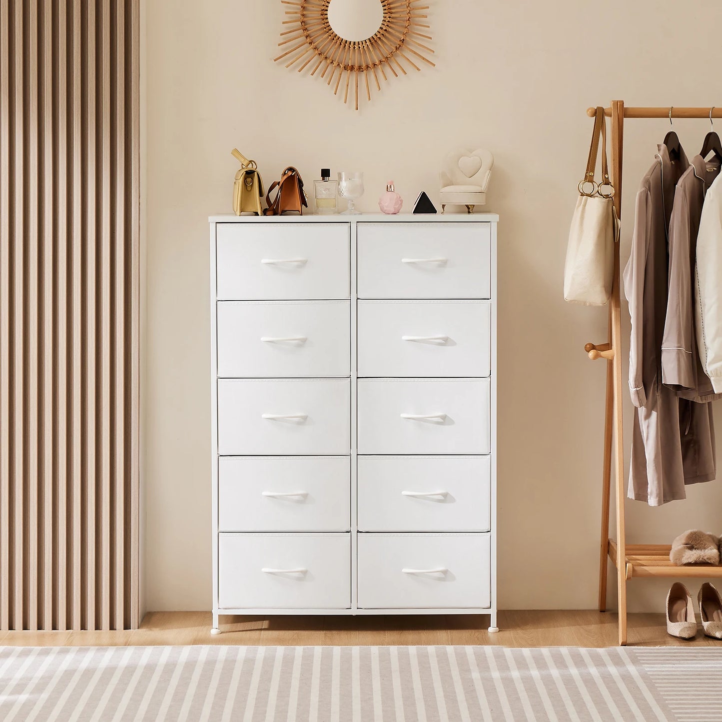 JHK Bedside Table Dresser With 10 Fabric Drawers Steel Frame