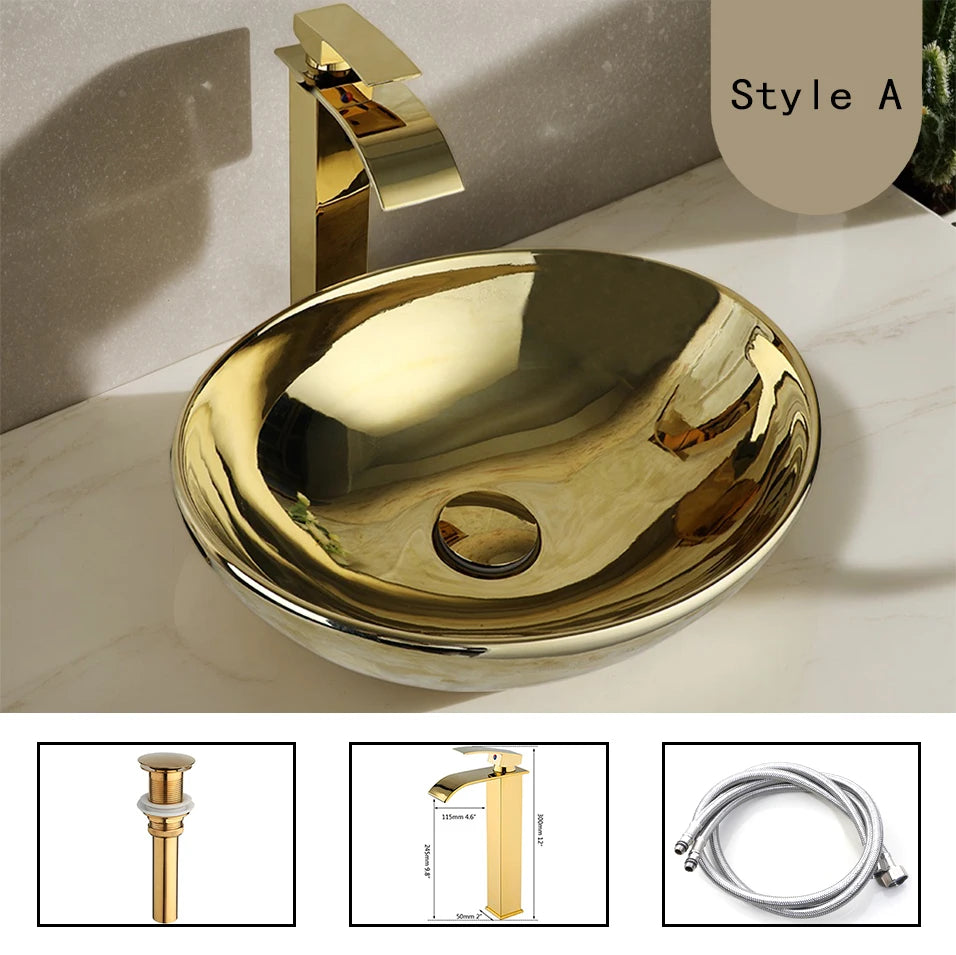 OUBONI Gold Ceramic Luxury Bathroom Vessel Sink Set Bowl Washbasin Waterfall Brass Faucet Pop Up Drain Combo High-End Basin Kit