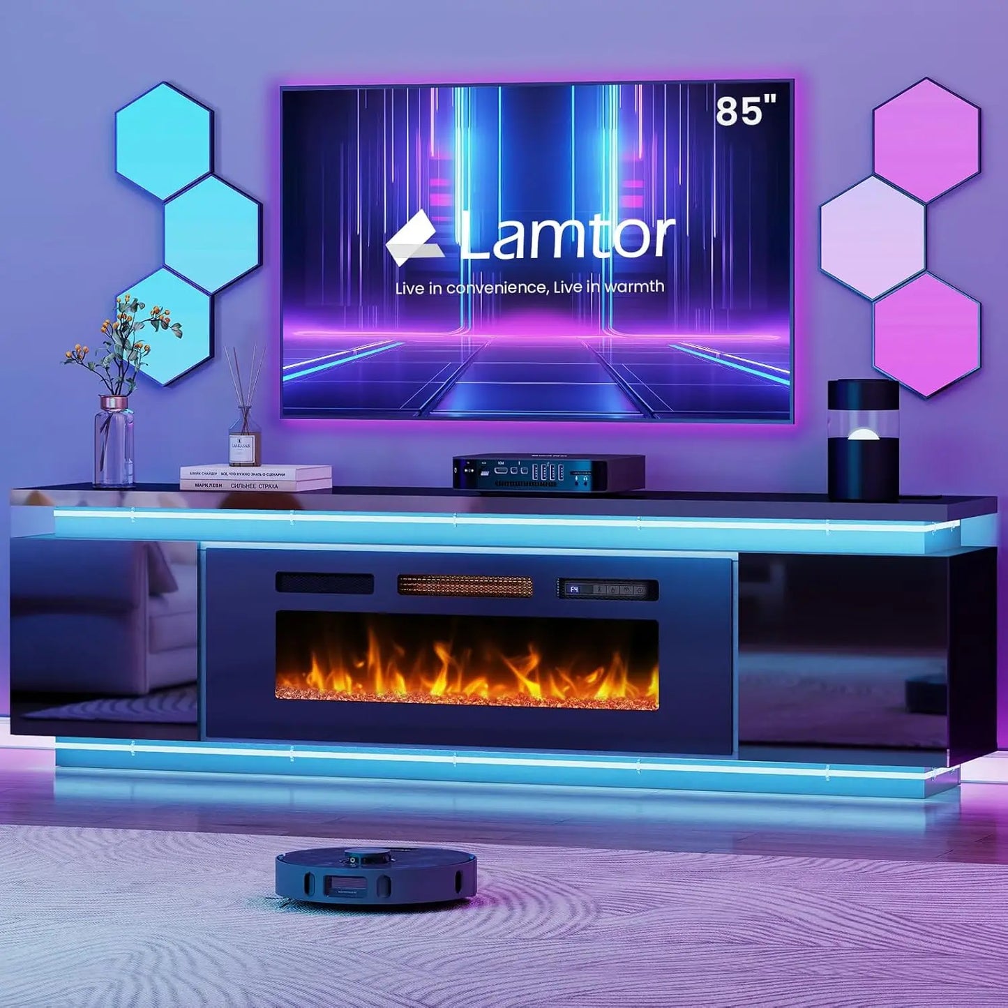 ANGDUO Fireplace TV Stand RGB LED Lights 4 AC Outlets