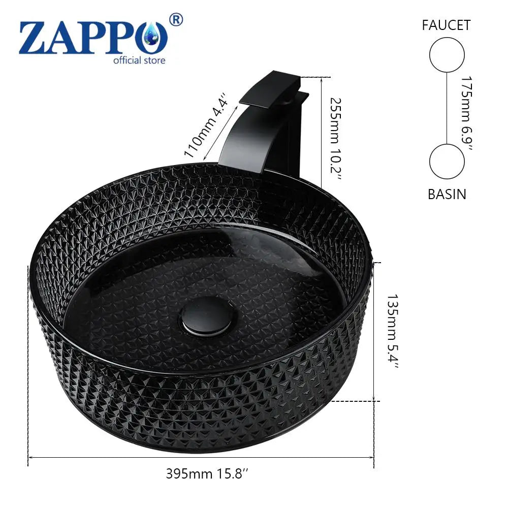 ZAPPO Black Bathroom Vessel Sink Crystal Glass Vessel Sink Faucet Tap Combo Countertop Sink for Bathroom Hotel Deck Mount Sinks