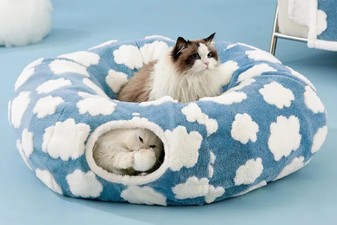Warm Enclosed Cat Bed Tunnel Plush Kitten House With Tube