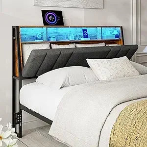 Hidden Storage Headboard Queen Size with Charging Station, Ergonomic Upholstered Queen Headboard Only with LED Lights, 2 Outlet