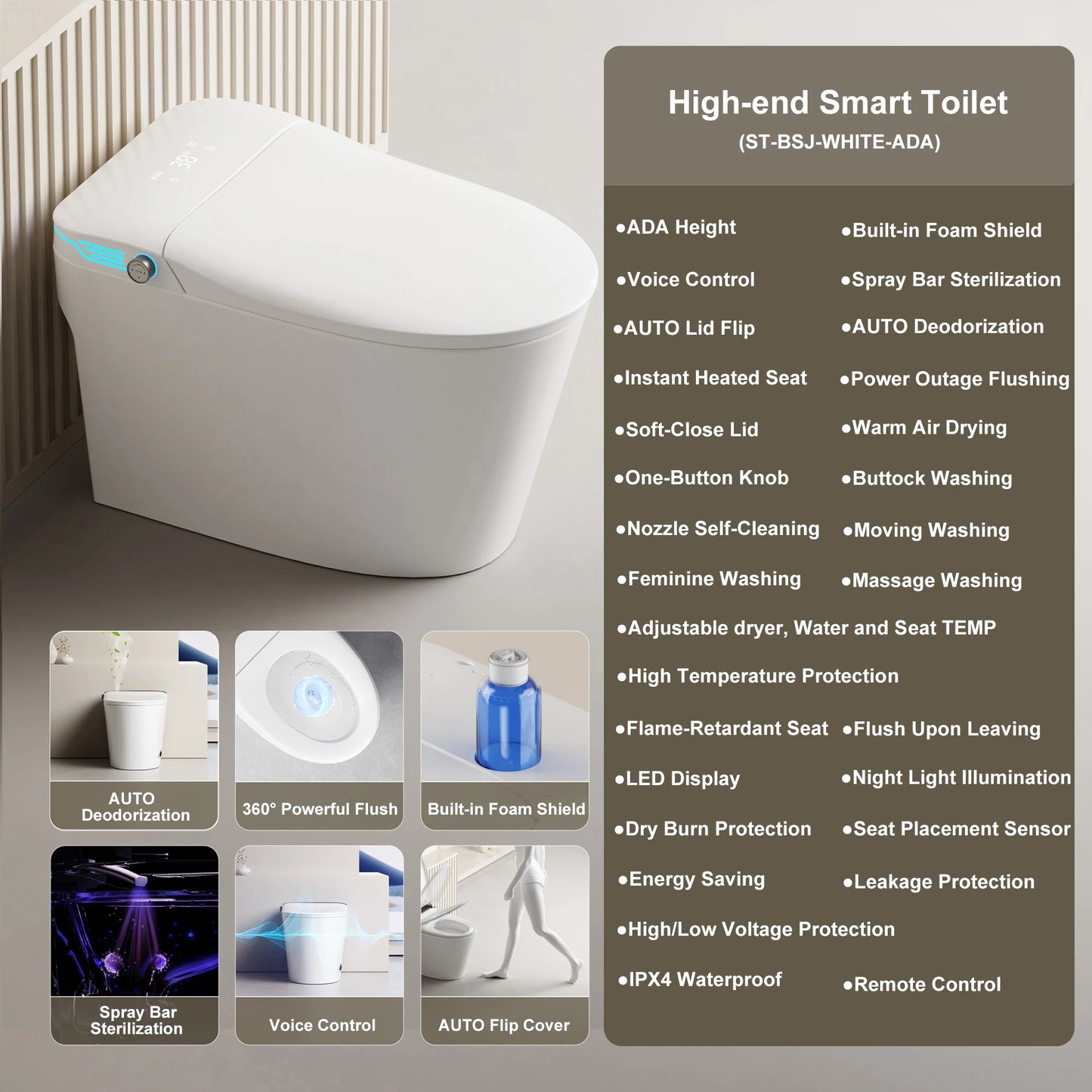 Elongated Smart Toilet with Bidet Built in, ADA Bidet Height, Foam Dispenser, One-Piece Toilet with Instant Warm Water and Dryer