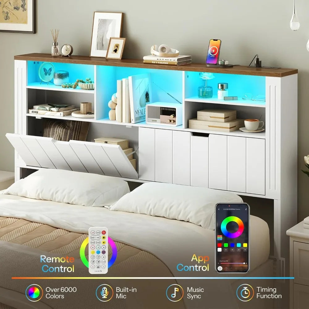 Queen Headboard Only, Bookcase Headboards with Charging Station and LED Lights, Farmhouse Headboard Queen Size with Storage