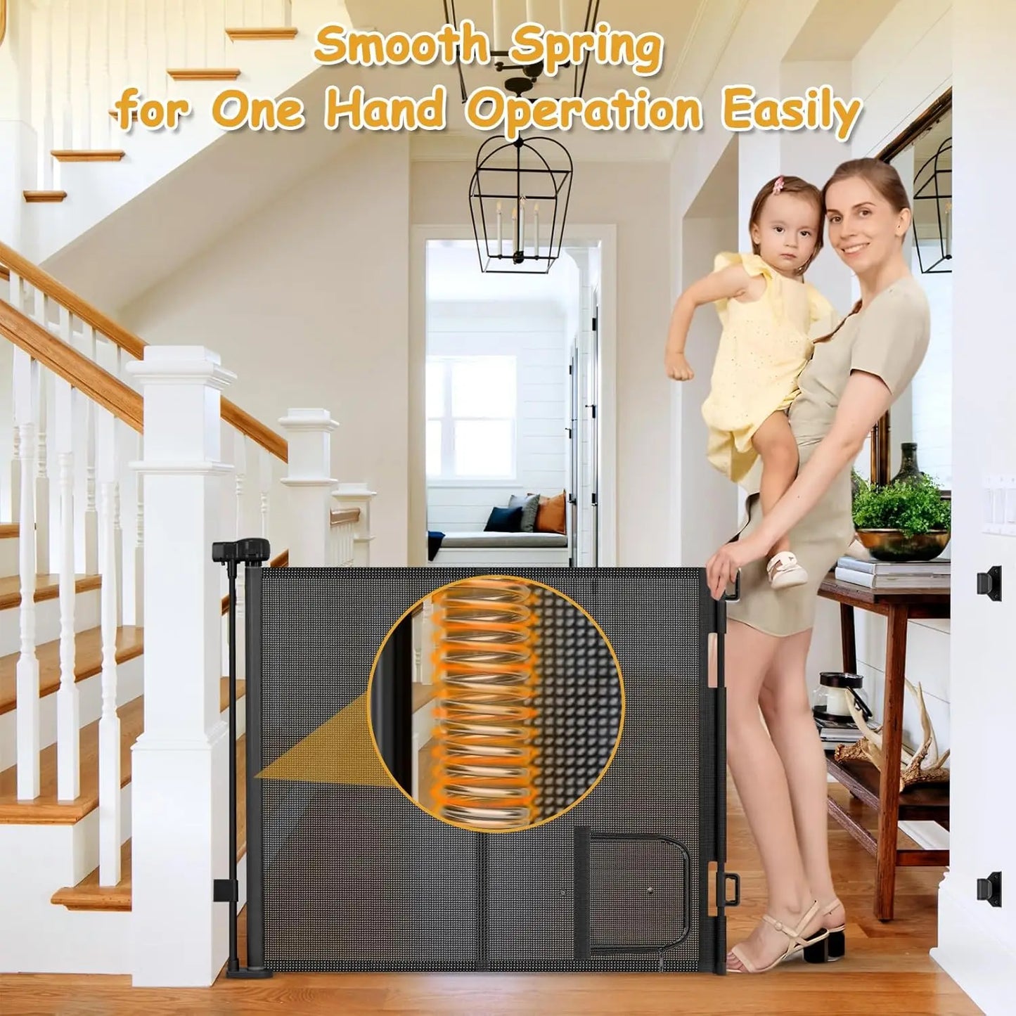 Retractable Pet Gate With Cat Door Reinforced Mesh Space Saving