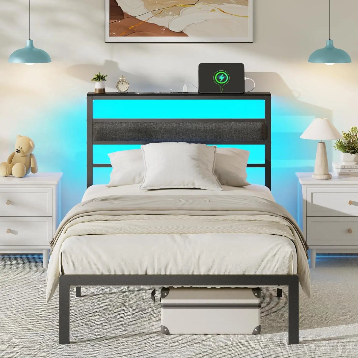 HUANZHUANG Bed Frame With LED Headboard Charging Station Storage Shelf