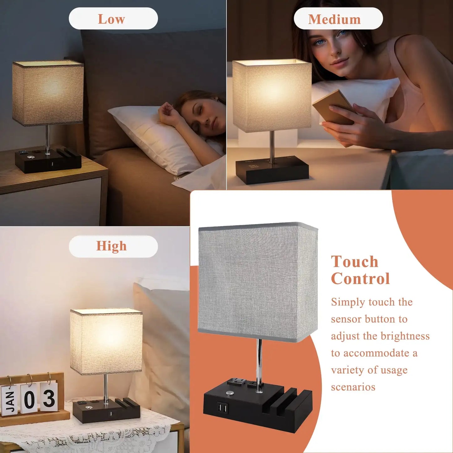 SZRSTH Bedside Table Lamp With Dual USB Ports Dimmable