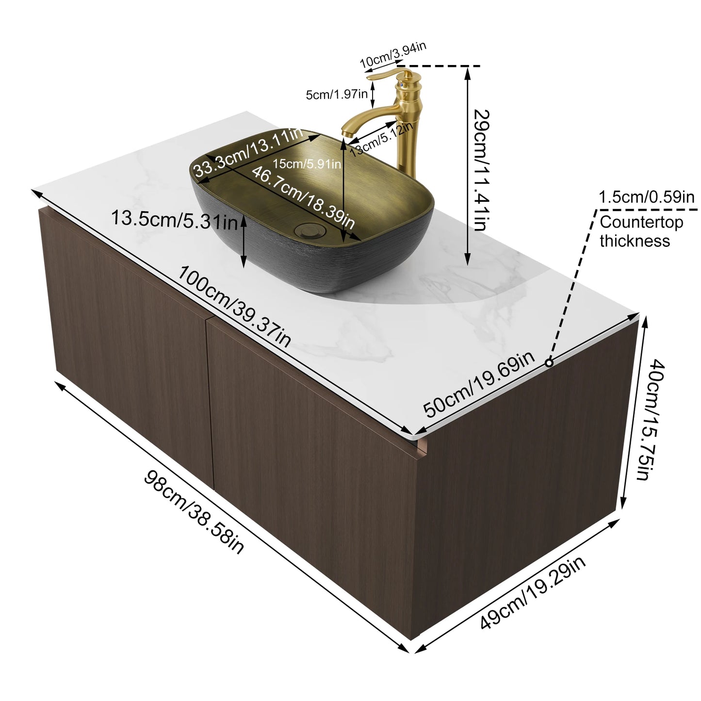 80/100/120CM Modern Floating Bathroom Vanity Sink Combo Wall Cabinet Set Ceramic Basin Stone Top Faucet and Flexible Hoses