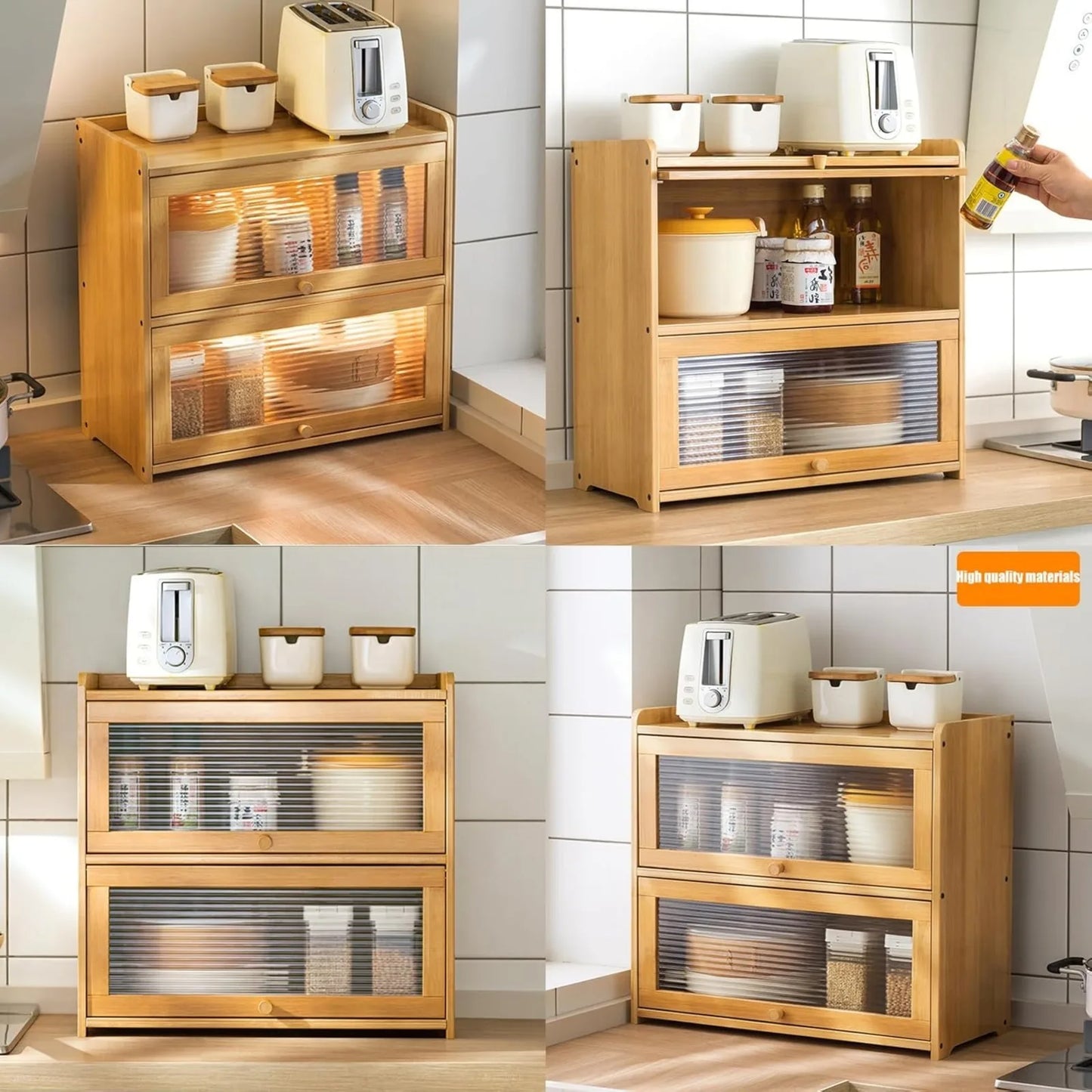 Each 2 Tier Bamboo Kitchen Storage Cabinet With Clear Acrylic Doors