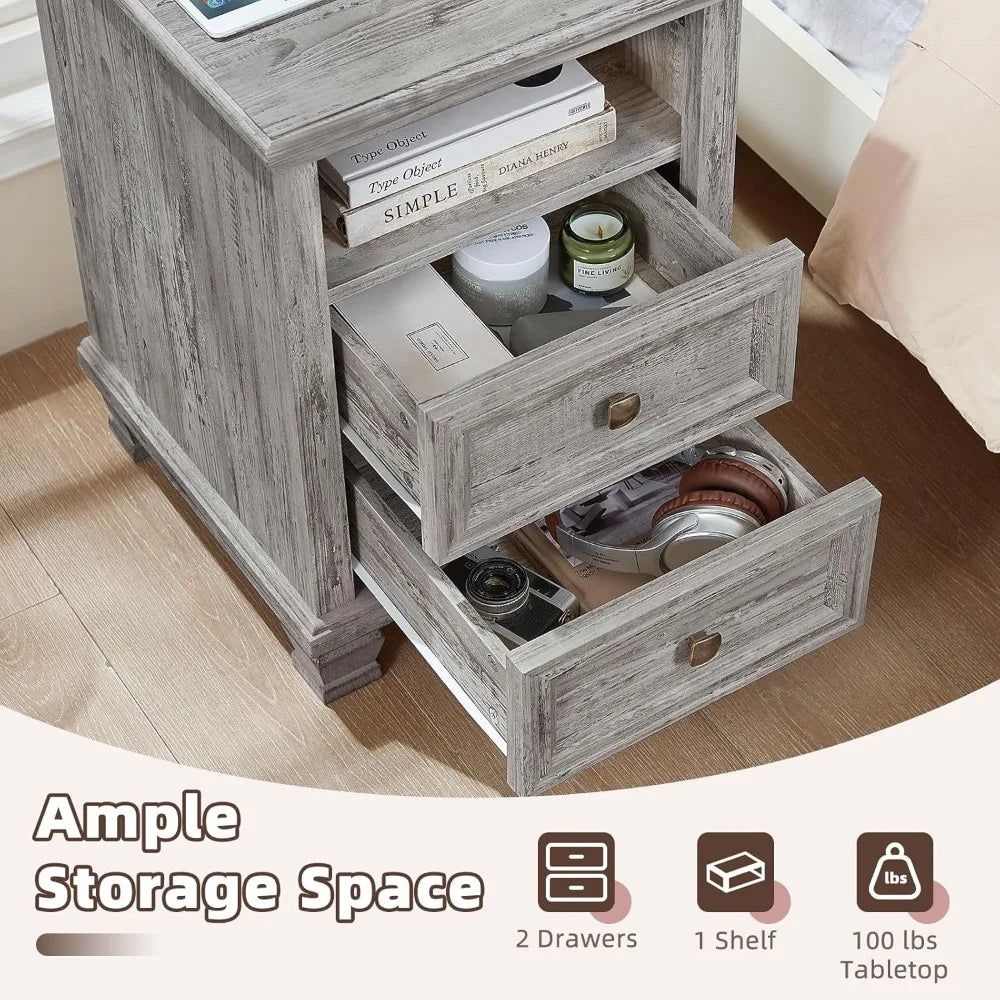 Farmhouse Nightstand with Charging Station, Rustic Nightstand,2 Drawers End Table for Living Room,Bedside Table with Open Shelf