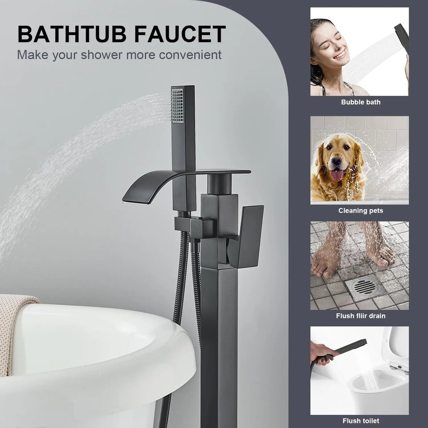 Black Waterfall Free Standing Tub Faucet Floor Tub Filler Faucet Brass Bathroom Tub Faucets with Hand Shower