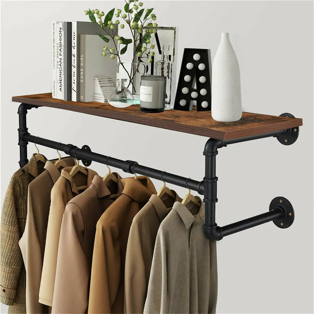 Industrial Pipe Clothing Rack Wall Mounted Wood Shelf