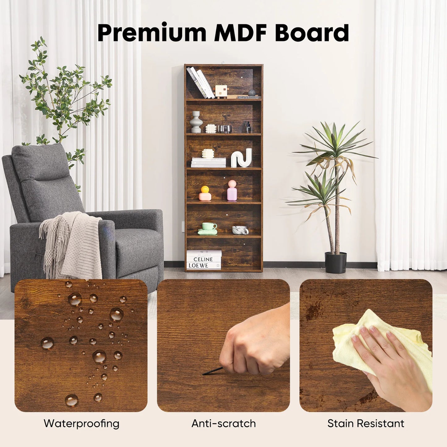 JHK 6 Tier Wooden Floor Standing Bookcase Open Bookshelf