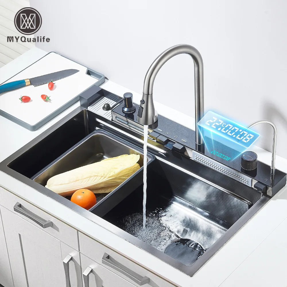 MYQualife 304 Stainless Steel Waterfall Kitchen Faucet Set SoapDispenser