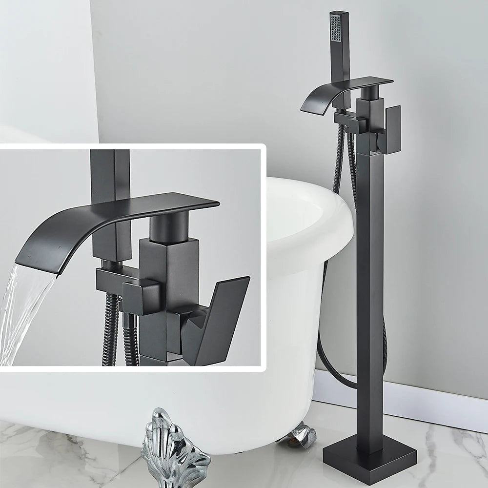Black Waterfall Free Standing Tub Faucet Floor Tub Filler Faucet Brass Bathroom Tub Faucets with Hand Shower