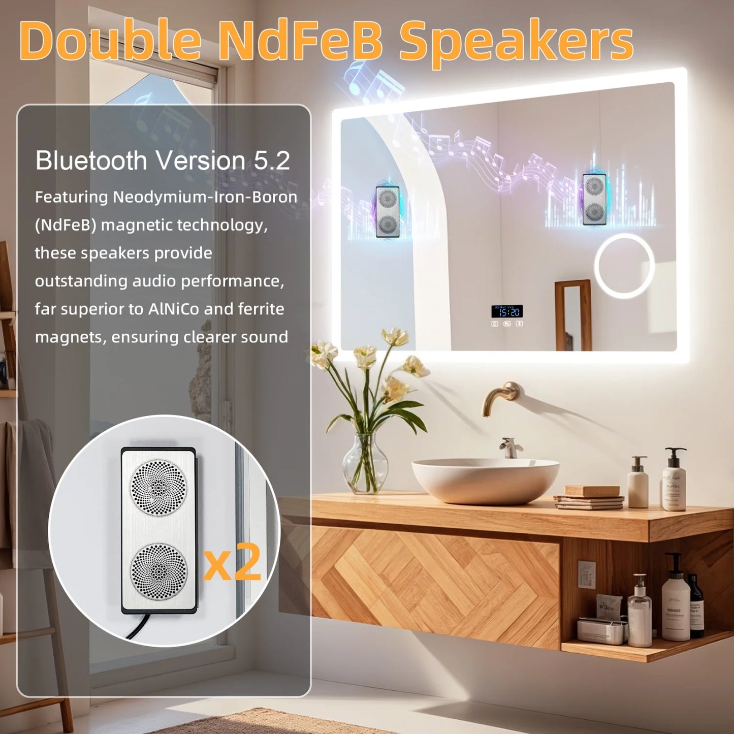 80/100/120/CM LED Bluetooth Bathroom Mirror Touch Antifog with 3X Magnifier Dimmable Date and Time Setting Vanity Mirror