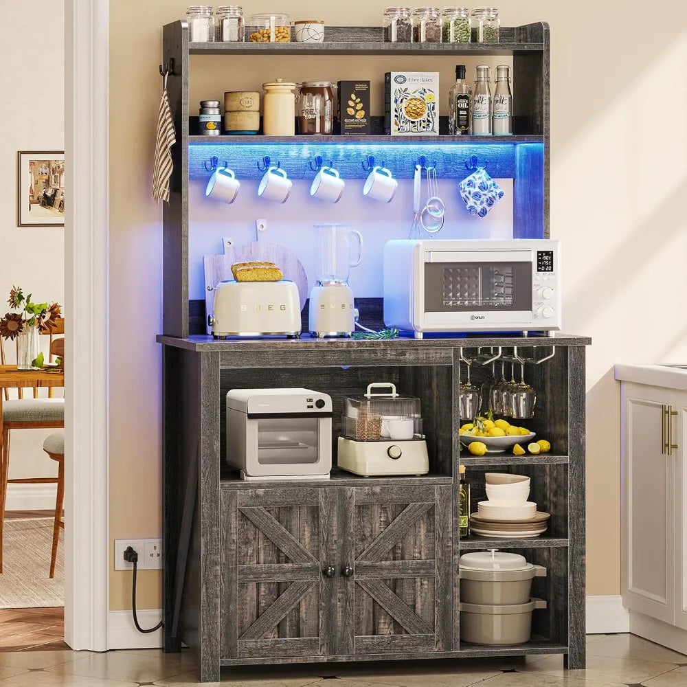 RBXC Coffee Bar Cabinet With Power Outlet Hutch LED Lights