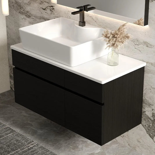32" Modern Floating Bathroom Vanity with Ceramic Vessel Sink – Wall-Mounted Solid Wood Cabinet with 2 Soft-Close Drawers