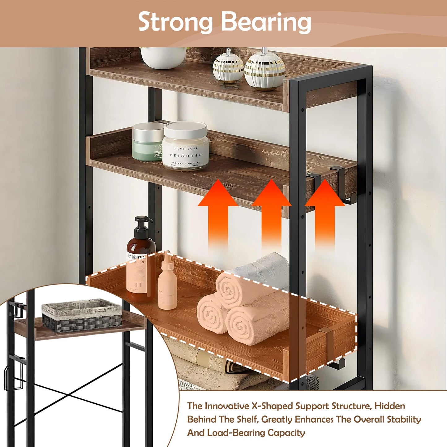 Over The Toilet 4 Tier Bathroom Organizer Freestanding Shelf With Hooks