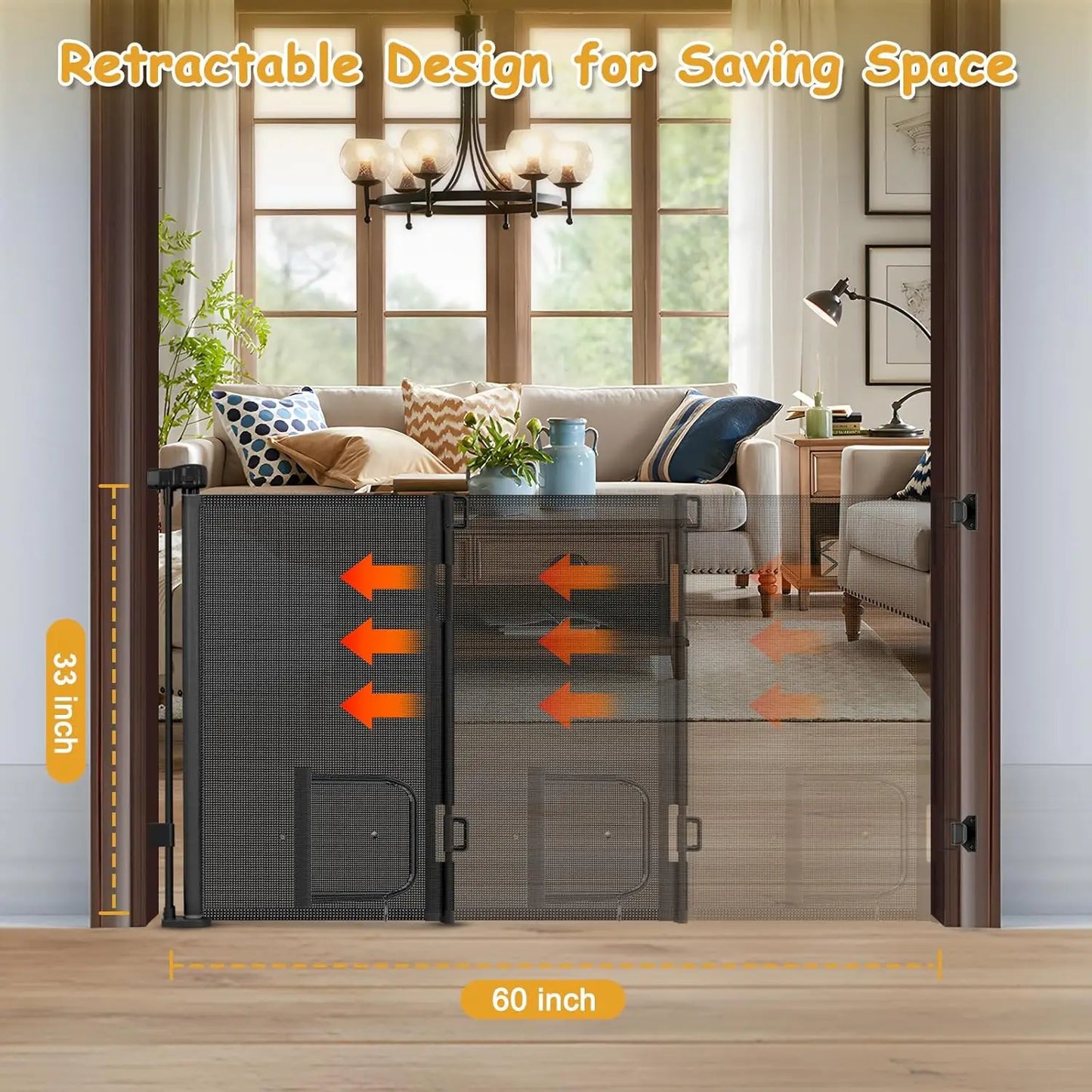 Retractable Pet Gate With Cat Door Reinforced Mesh Space Saving