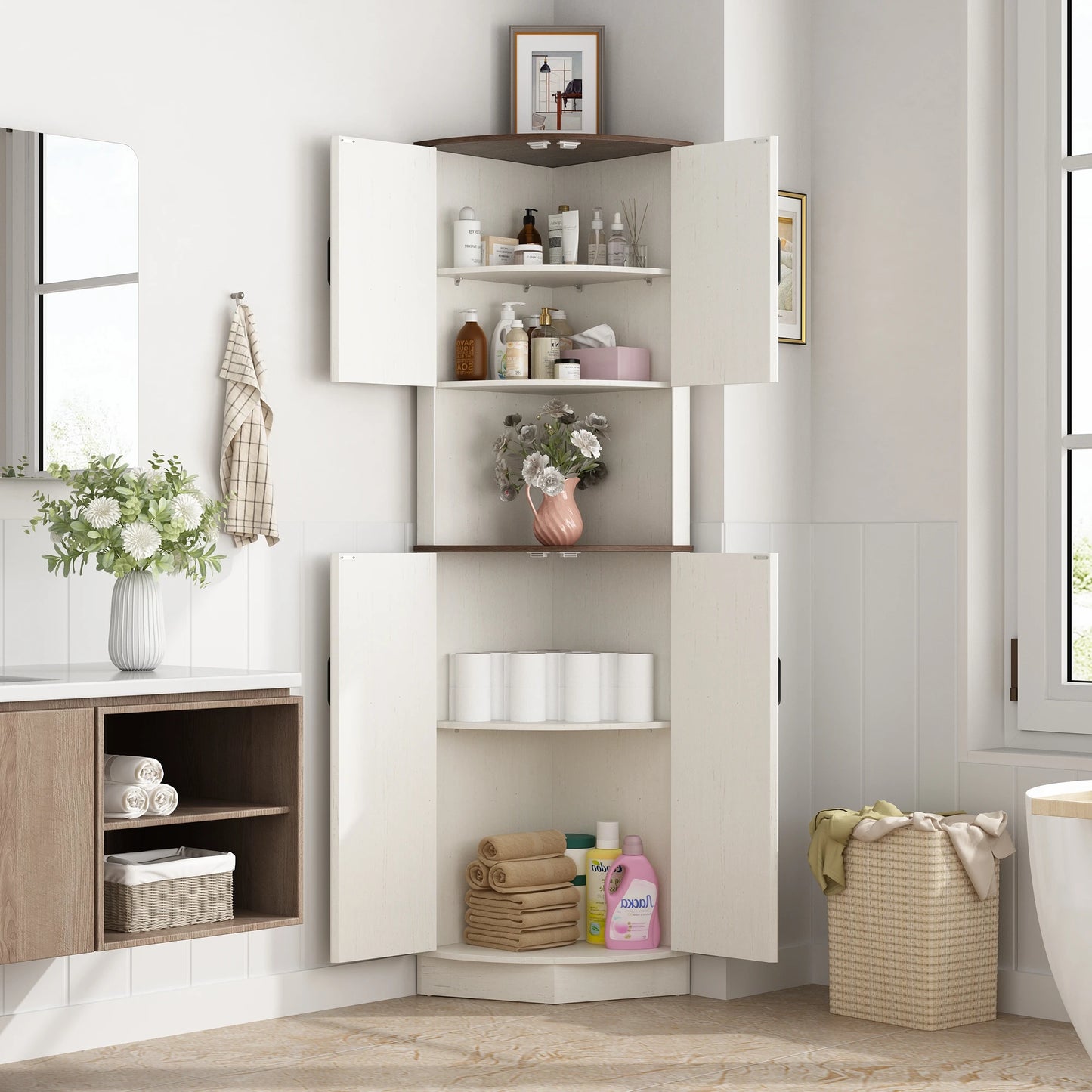 QiaoShiRen Farmhouse Tall Corner Cabinet With Barn Doors