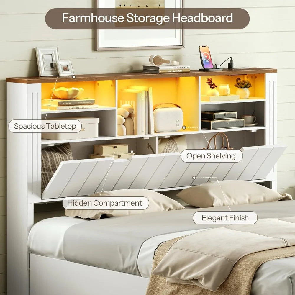Queen Headboard Only, Bookcase Headboards with Charging Station and LED Lights, Farmhouse Headboard Queen Size with Storage
