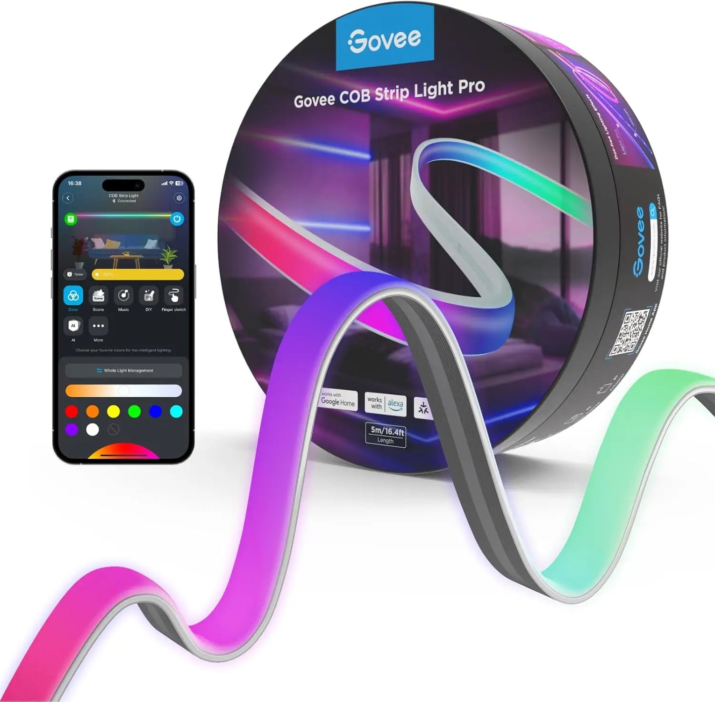 COB LED Strip Light Pro, LED Lights for Bedroom Compatible with Alexa, Google Assistant and Matter, RGBICW Light with Warm White