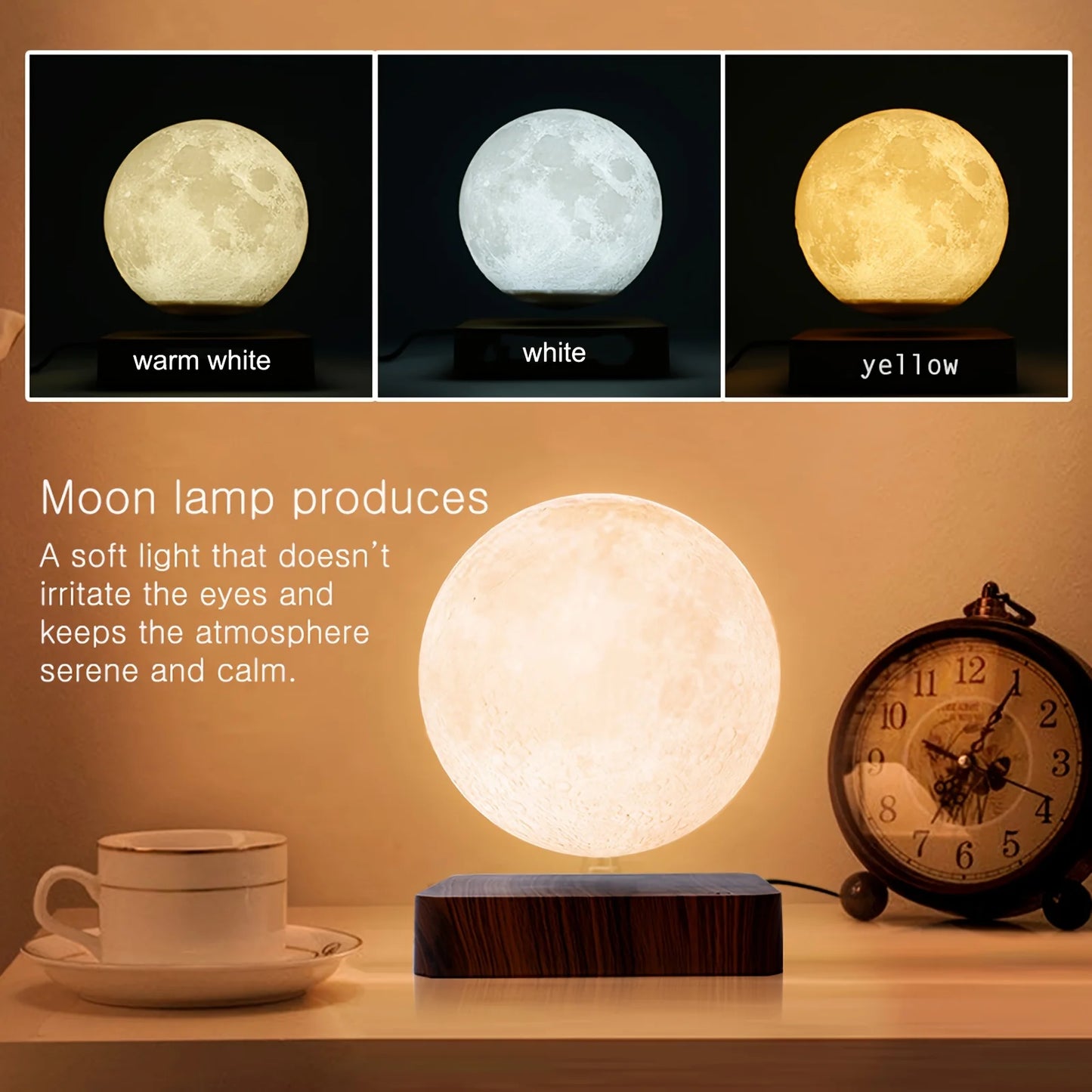 Magnetic Floating Rotating Moon Lamp with Wooden Base, 3 Color Temperature LED Night Lights of Print 3D for Unique Gifts, Room