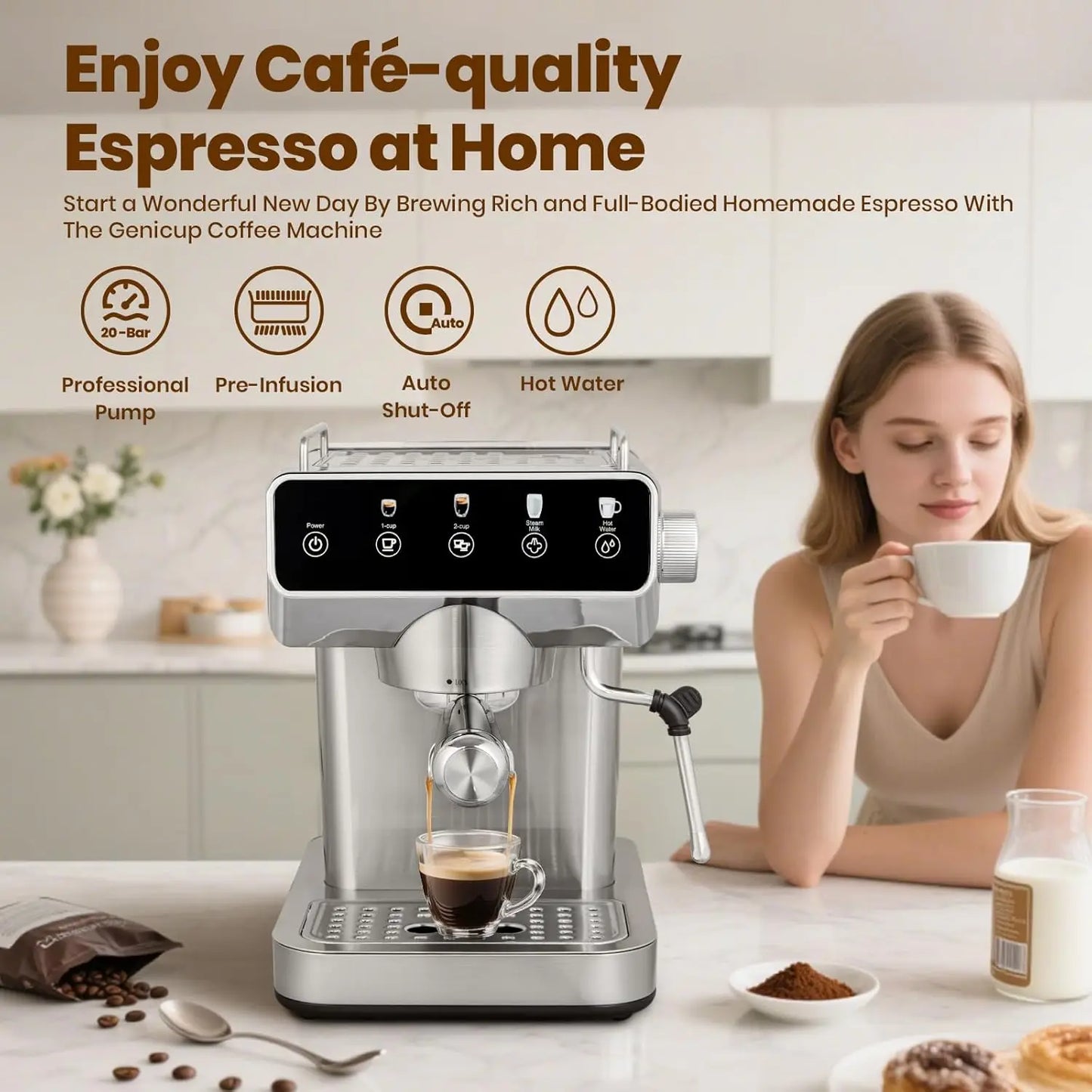 Iosn Espresso With Touchscreen 20 Bar Milk Frother Coffee Machine