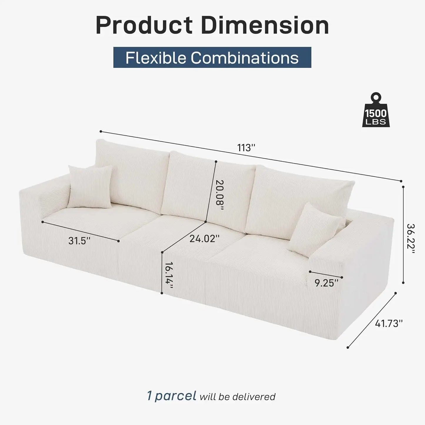 XMSJ Modern Sleeper Sofa 3 Seater Corduroy Convertible