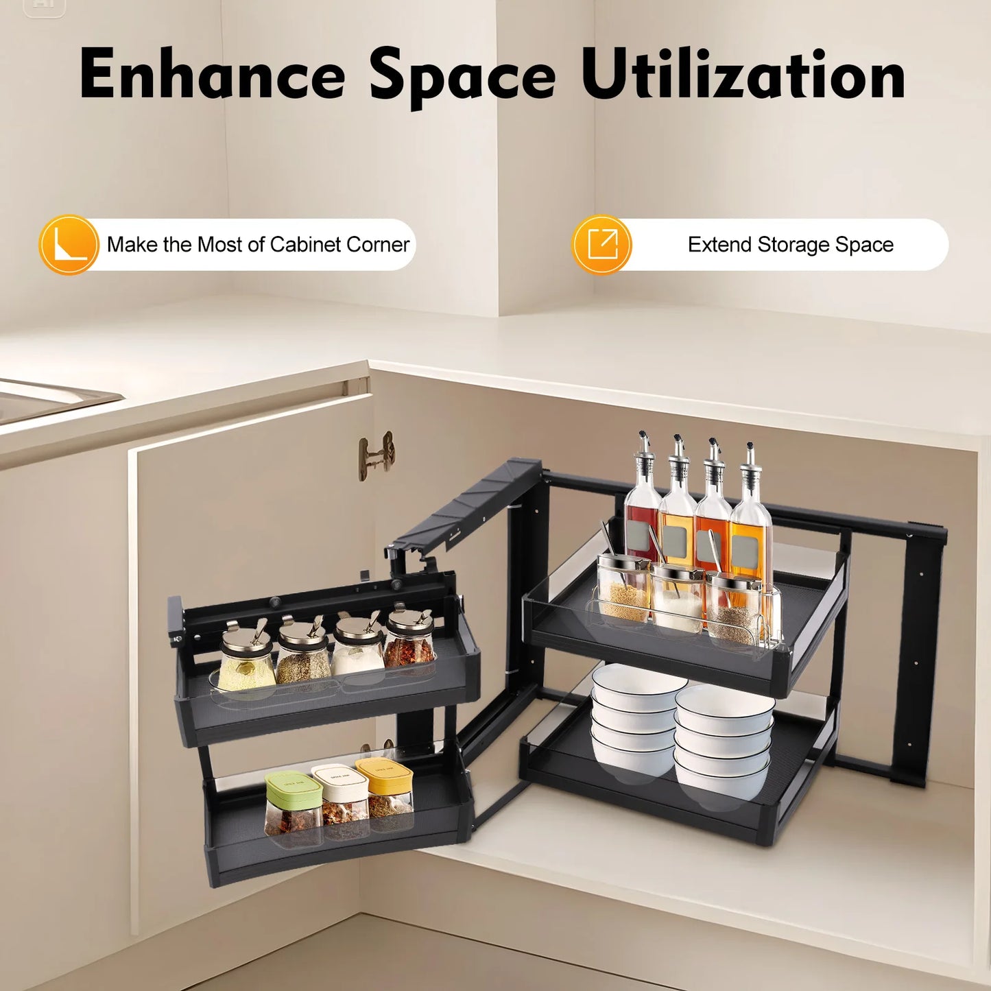 Corner Cabinet Pull Out Organizer With 4 Baskets Swing Tray