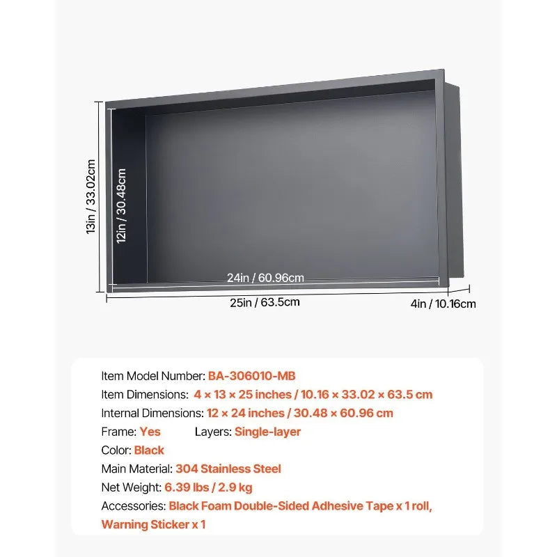 Shower Niche 13x25x4 inch Recessed Wall Shelf Stainless Steel Bathroom