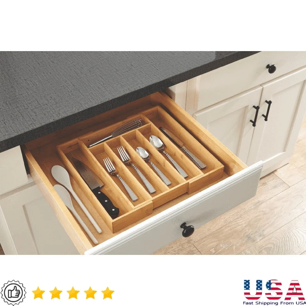 Expandable Bamboo Silverware Organizer For Drawer With Adjustable Compartments