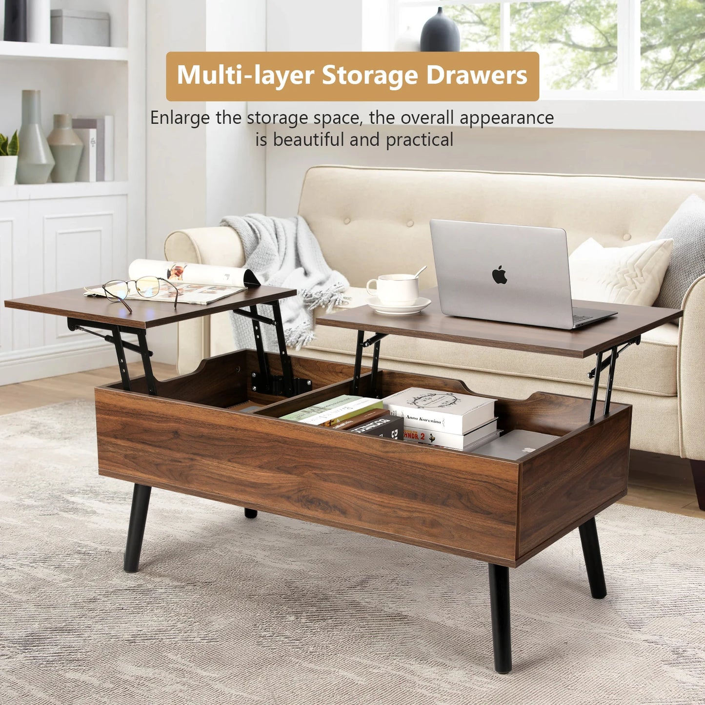 VOWNER Two Way Lift Top Coffee Table With Hidden Storage