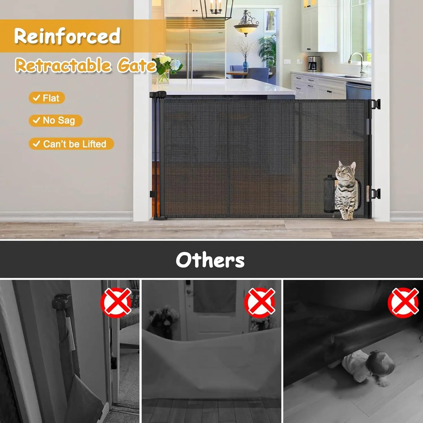 Retractable Pet Gate With Cat Door Reinforced Mesh Space Saving