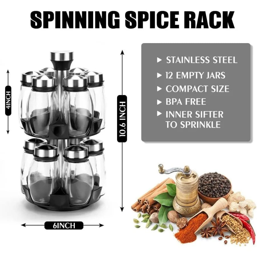 Hign-concerned Revolving Spice Rack Set 12 Glass Jars Organizer