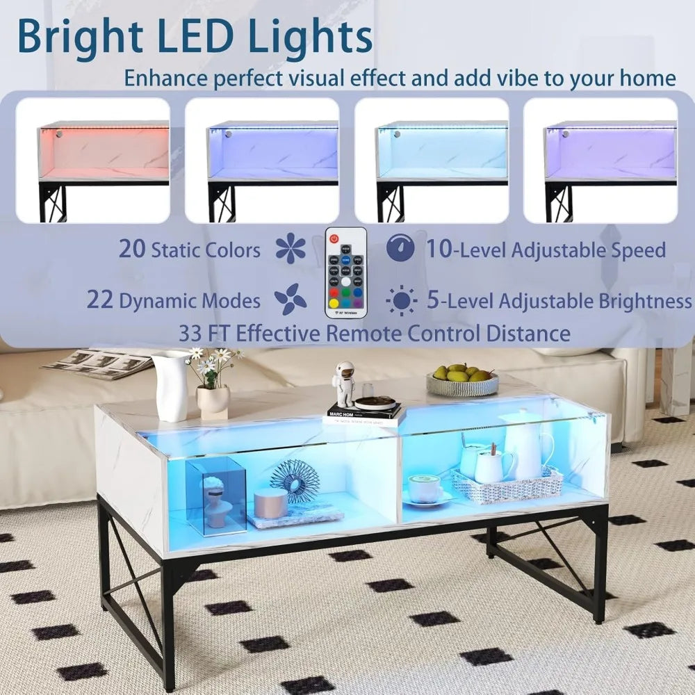 LED Coffee Table With Tempered Glass Top And Storage Cubes