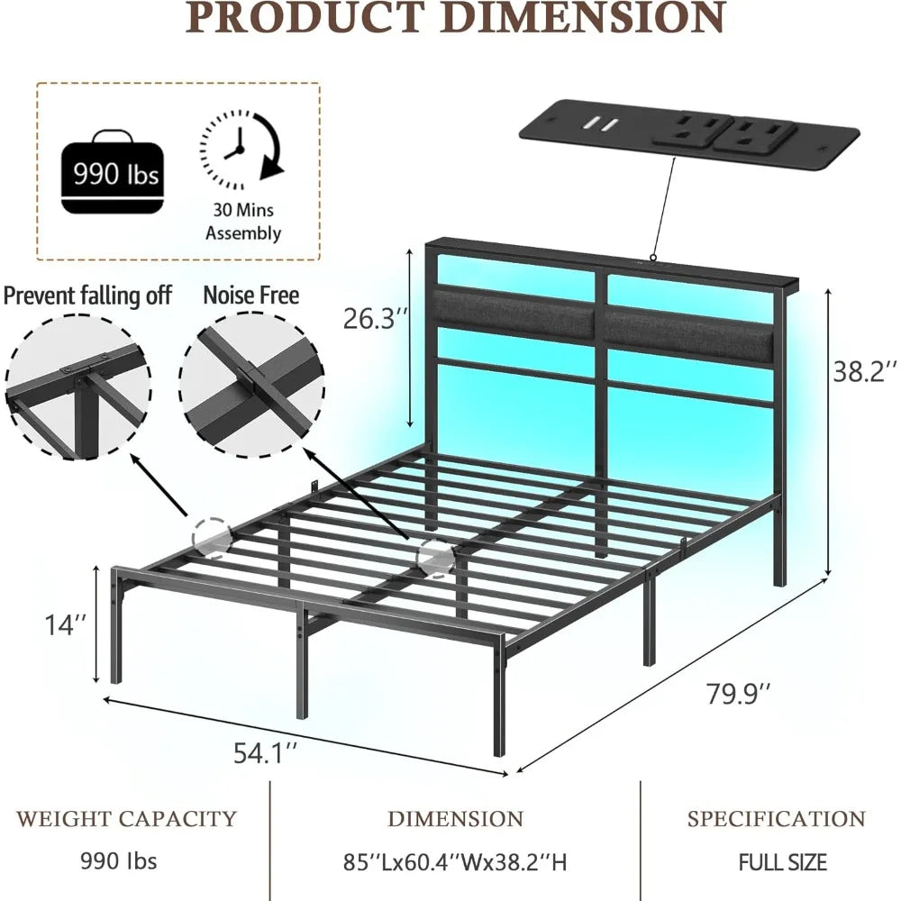 HUANZHUANG Bed Frame With LED Headboard Charging Station Storage Shelf