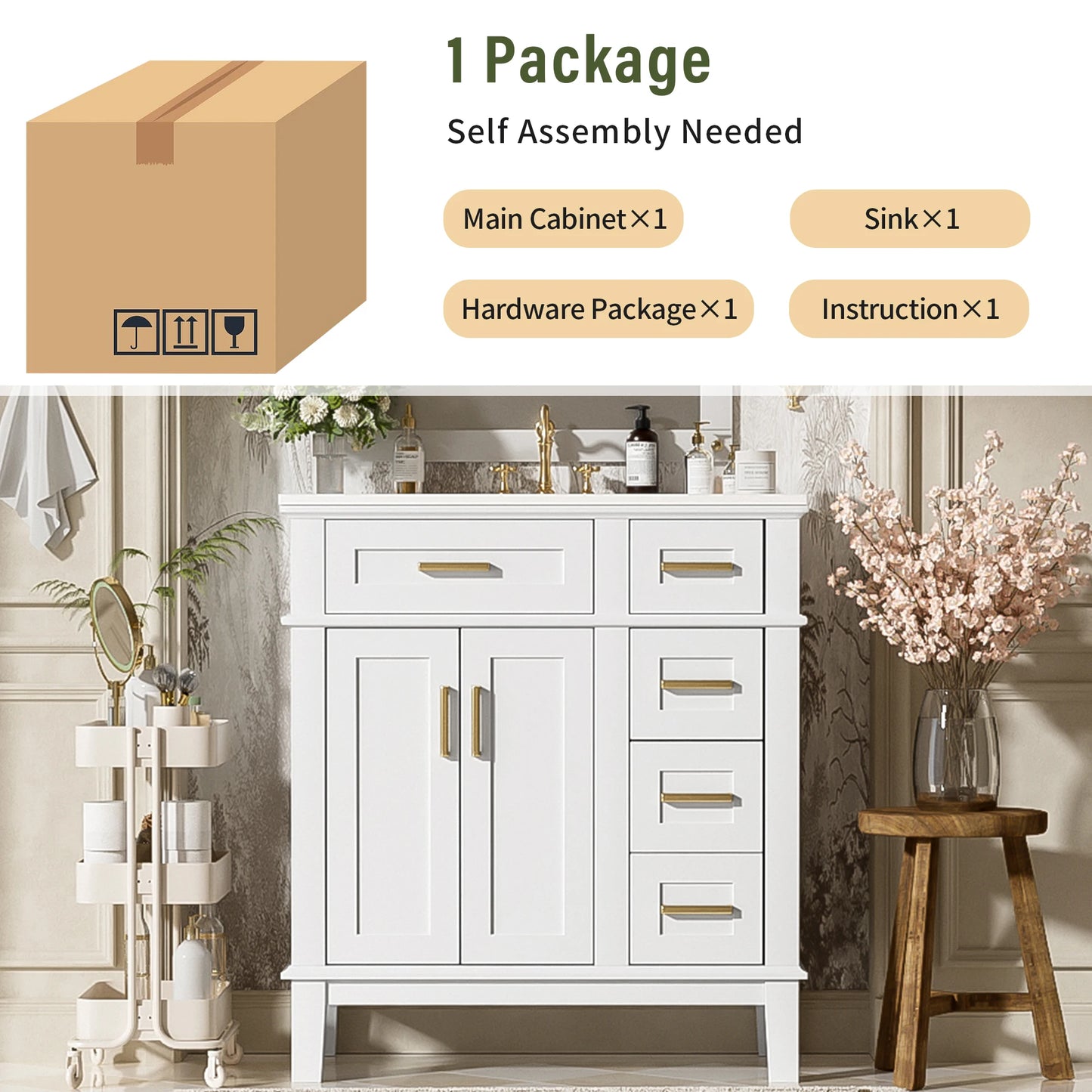 SH.KL 30" Bathroom Vanity with Ceramic Sink, Modern Storage Cabinet with Soft-Close Doors, Bathroom Furniture, Vanities