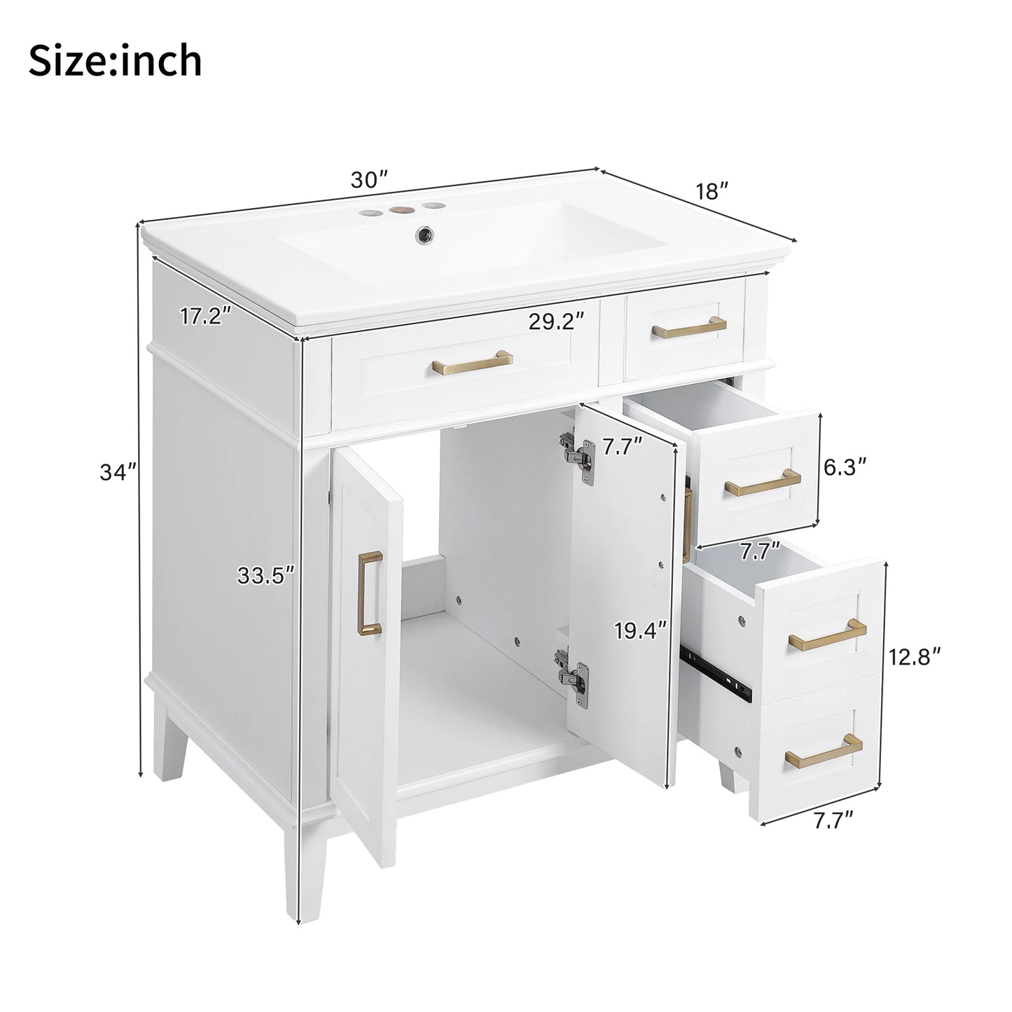 SH.KL 30" Bathroom Vanity with Ceramic Sink, Modern Storage Cabinet with Soft-Close Doors, Bathroom Furniture, Vanities