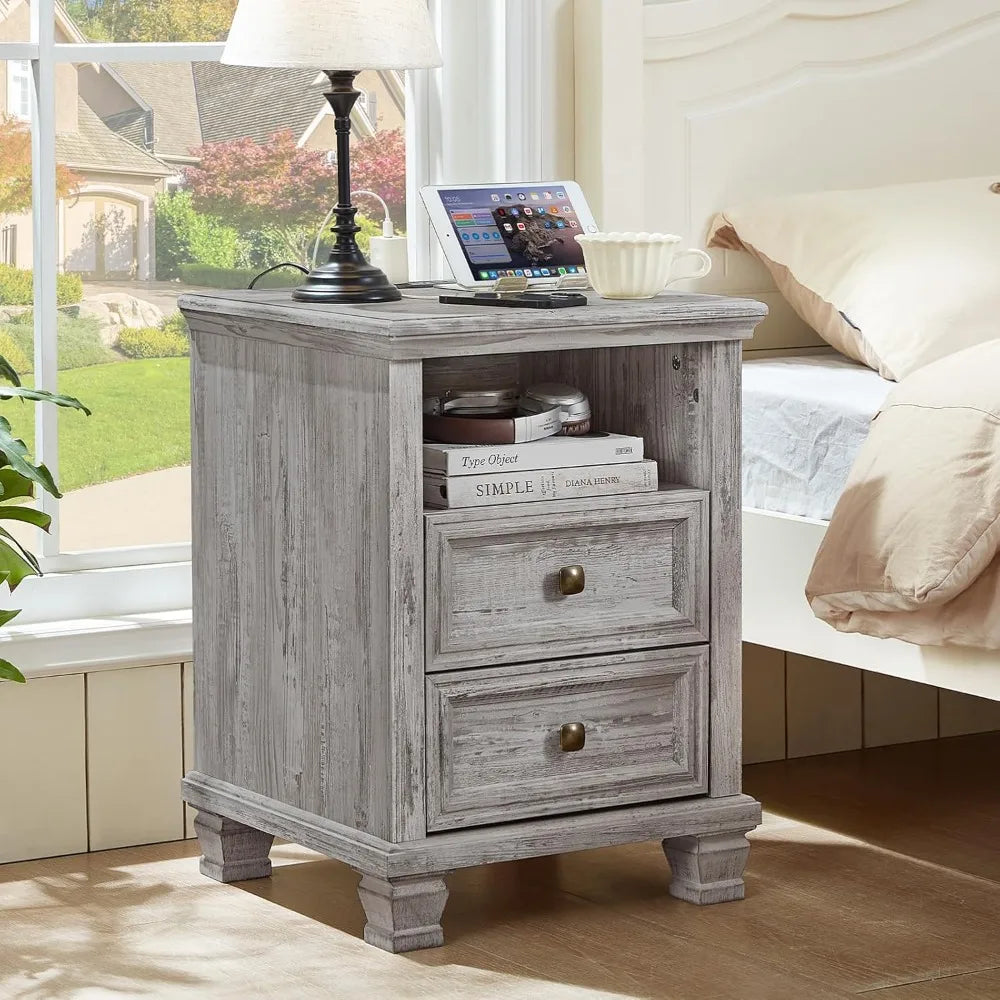 Farmhouse Nightstand with Charging Station, Rustic Nightstand,2 Drawers End Table for Living Room,Bedside Table with Open Shelf