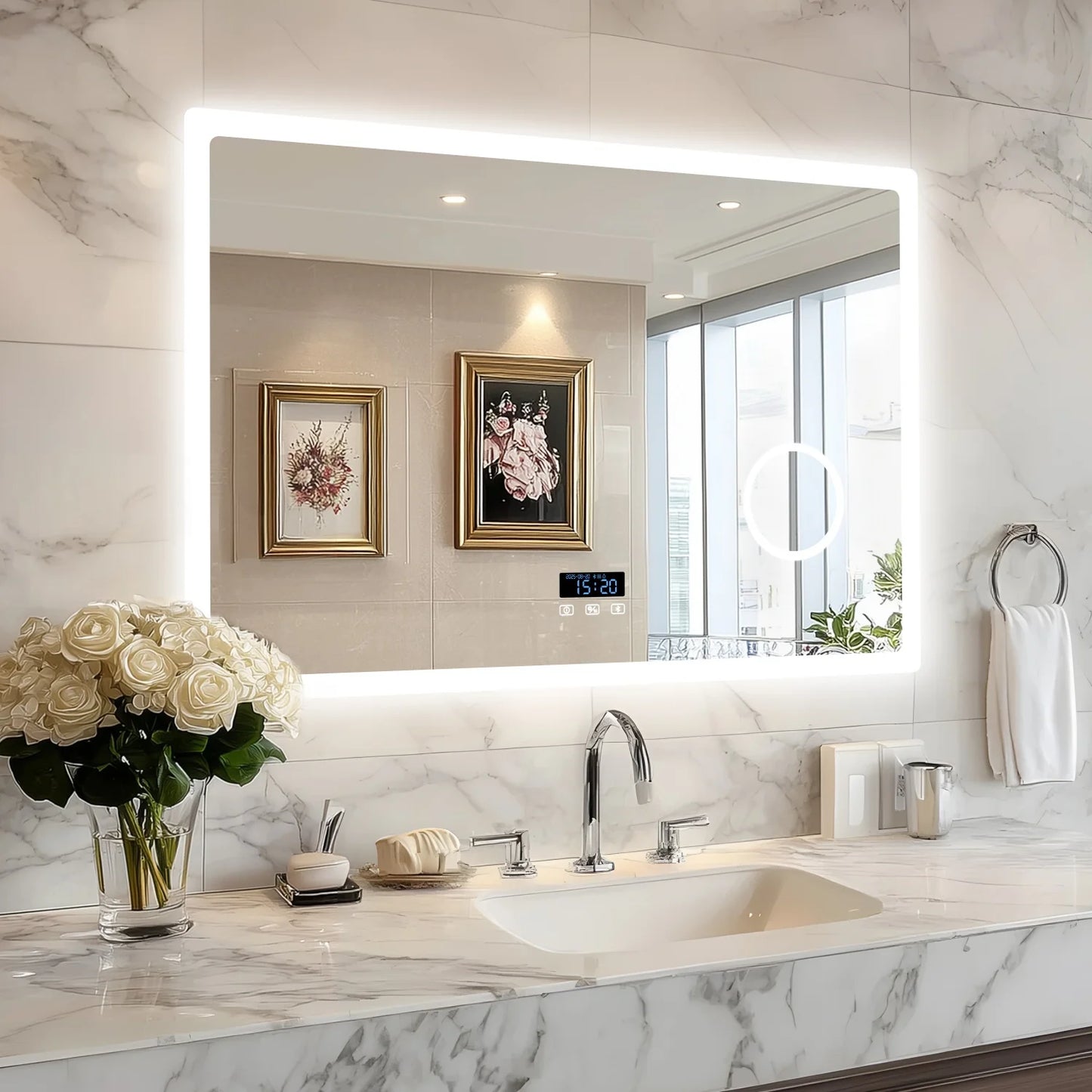 80/100/120/CM LED Bluetooth Bathroom Mirror Touch Antifog with 3X Magnifier Dimmable Date and Time Setting Vanity Mirror