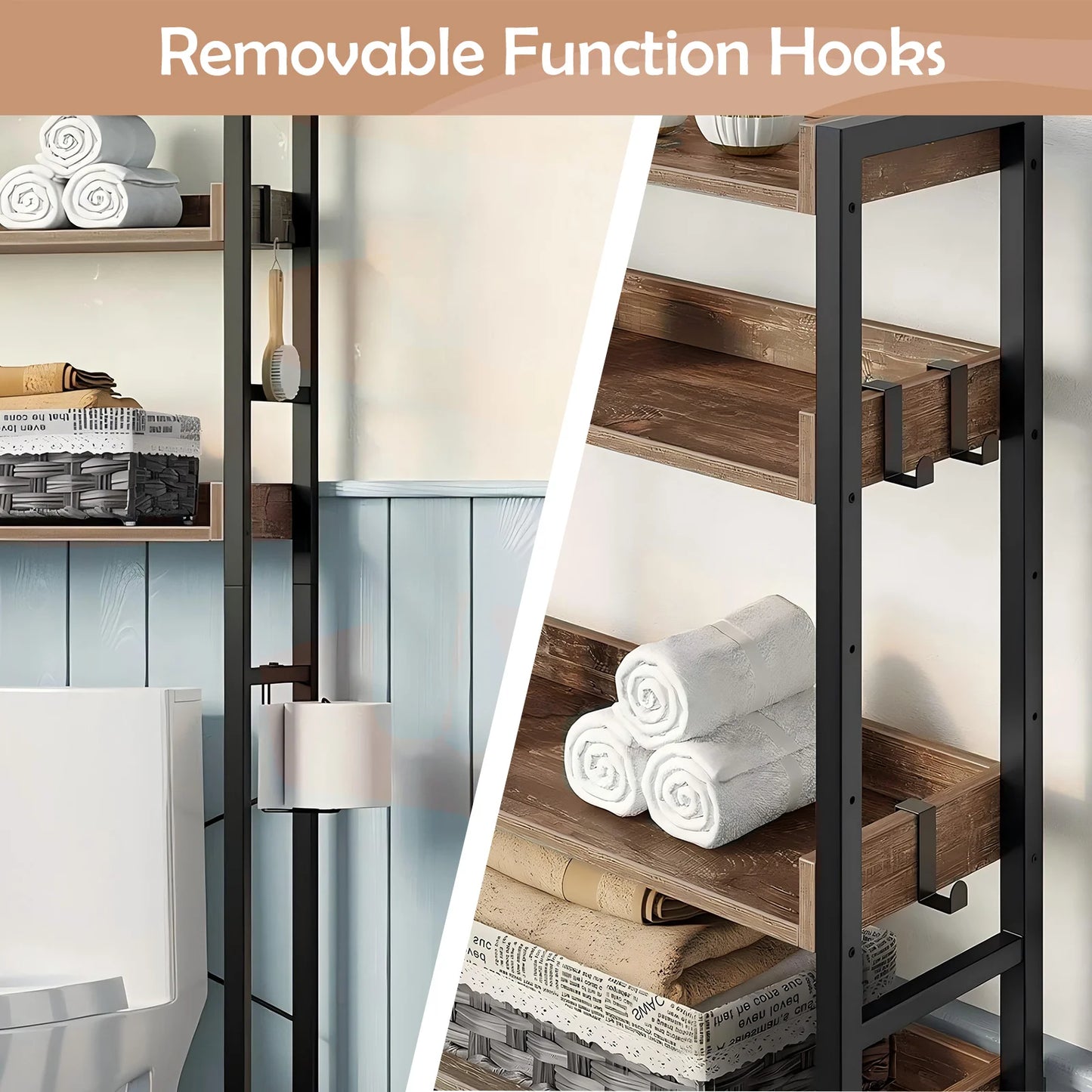 Over The Toilet 4 Tier Bathroom Organizer Freestanding Shelf With Hooks