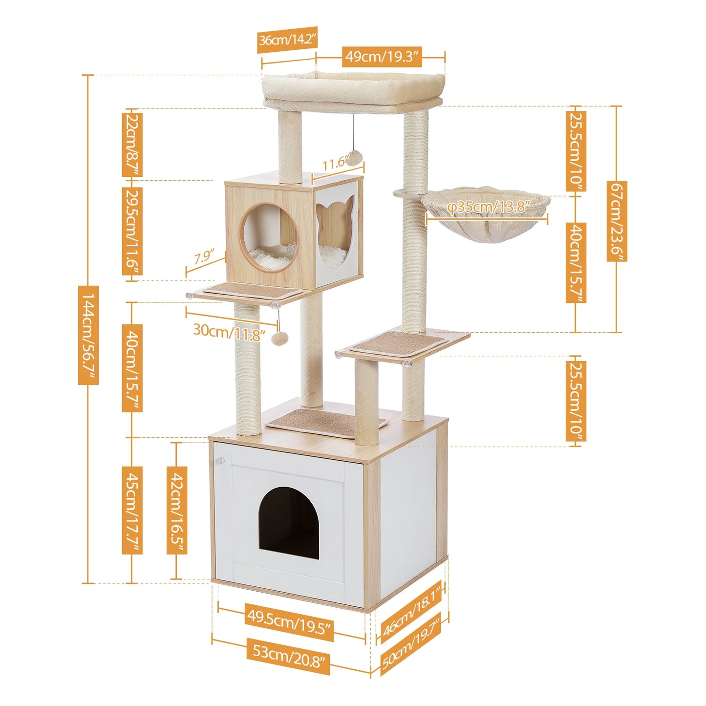 PEQULTICN Cat Tree Tower Litter Box Wood Structure Storage