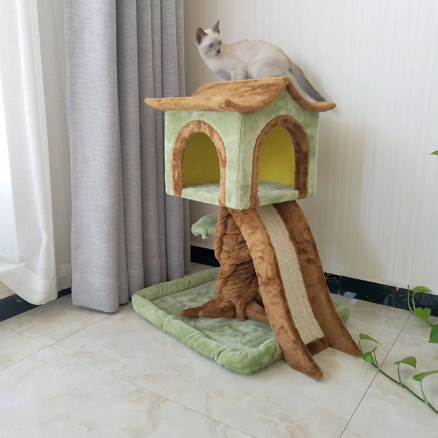 Plush Cat Tree Scratcher Wooden Climbing Frame House
