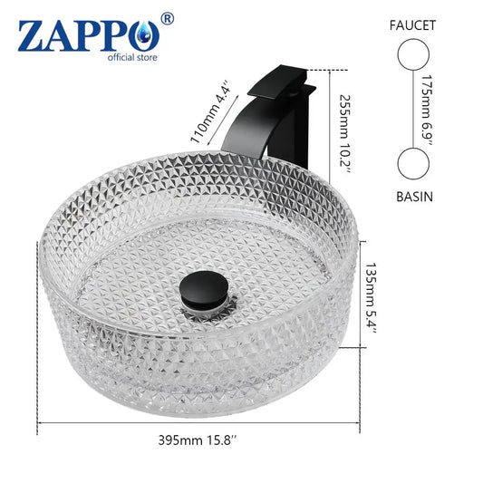 ZAPPO Black Bathroom Vessel Sink Crystal Glass Vessel Sink Faucet Tap Combo Countertop Sink for Bathroom Hotel Deck Mount Sinks