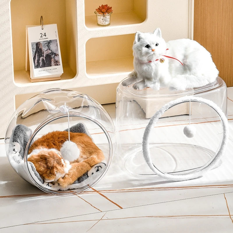 NONECN Space Capsule Cat Bed Semi Enclosed Transparent Plastic Villa With Ball