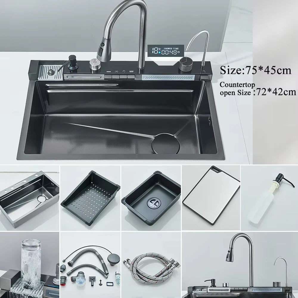 MYQualife 304 Stainless Steel Waterfall Kitchen Faucet Set SoapDispenser