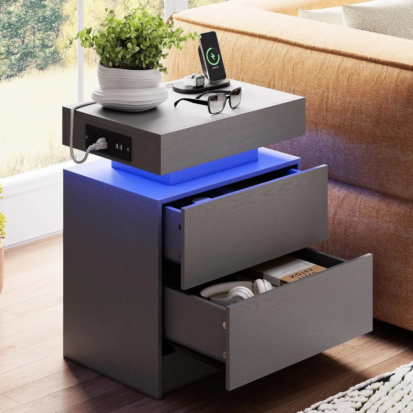 CHENGWEI Nightstand With Charging Station And LED Drawer