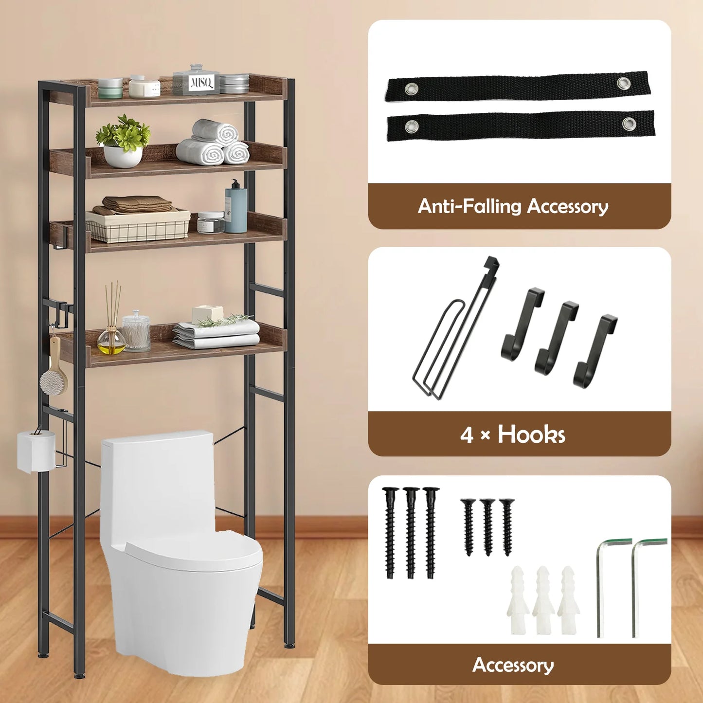 Over The Toilet 4 Tier Freestanding Bathroom Storage Rack Hooks